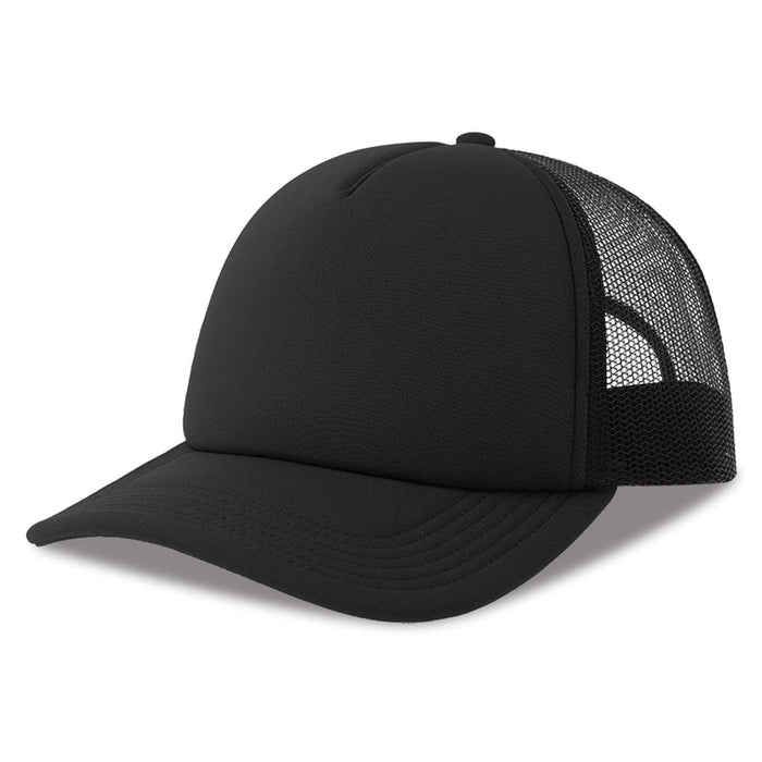 Rapper-S Recycled Polyester - A black trucker cap made from recycled polyester, featuring a solid front and mesh back, complete with a logo.