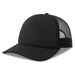 Rapper-S Recycled Polyester - A black trucker cap made from recycled polyester, featuring a solid front and mesh back, complete with a logo.