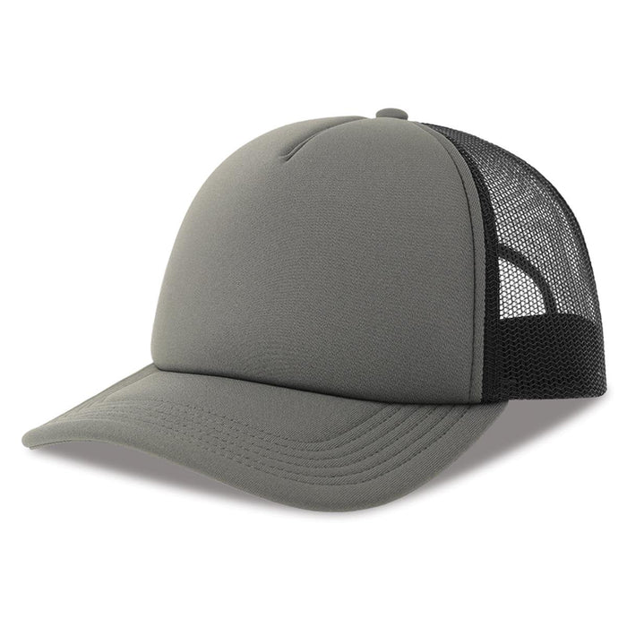 Rapper-S Recycled Polyester - A grey trucker cap with a solid front and mesh back, featuring a logo on the front.