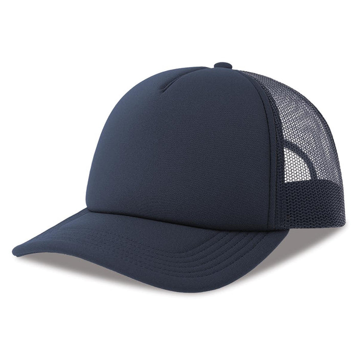Rapper-S Recycled Polyester - A navy trucker cap made from recycled polyester, featuring a mesh back and a curved brim.