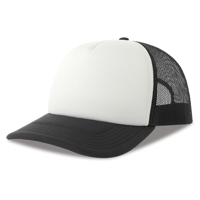 Rapper-S Recycled Polyester - A trucker cap featuring a white front panel and a black brim with a mesh back. The cap includes a logo.