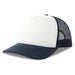 Rapper-S Recycled Polyester - A trucker cap with a white front panel and navy blue brim and mesh sides, featuring a logo.