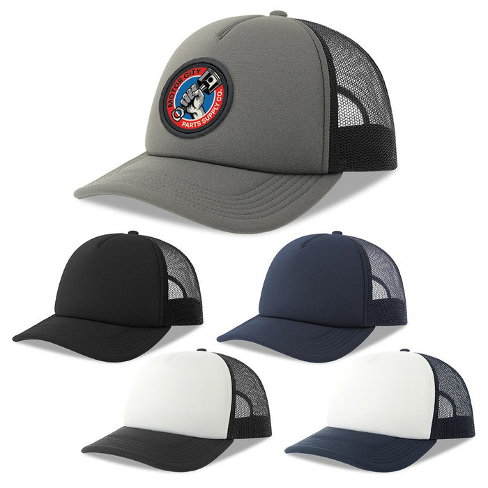 Rapper-S Recycled Polyester - A trucker cap in grey with a logo, accompanied by black, navy, and white variations.