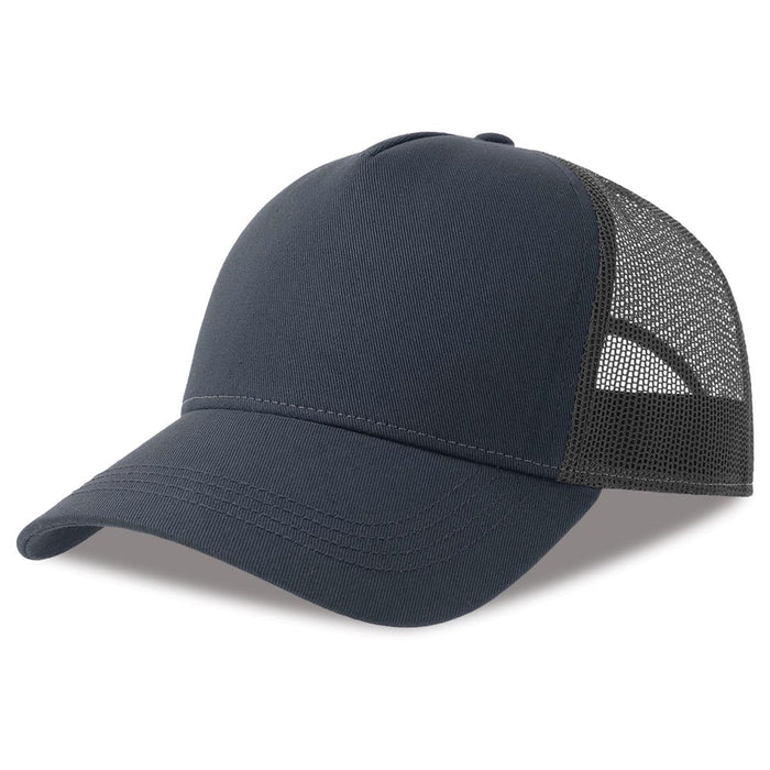 Rapper Cotton-S Organic/Recycled - A navy blue trucker cap featuring a solid front and mesh back, with a curved brim and an attached logo.