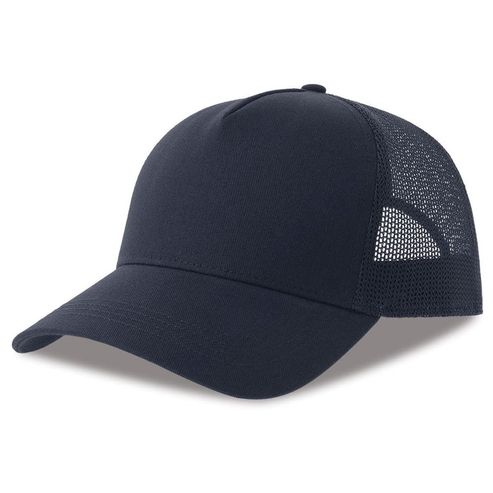 Rapper Cotton-S Organic/Recycled - A navy trucker cap featuring a mesh back and a curved brim, with a logo on the front.