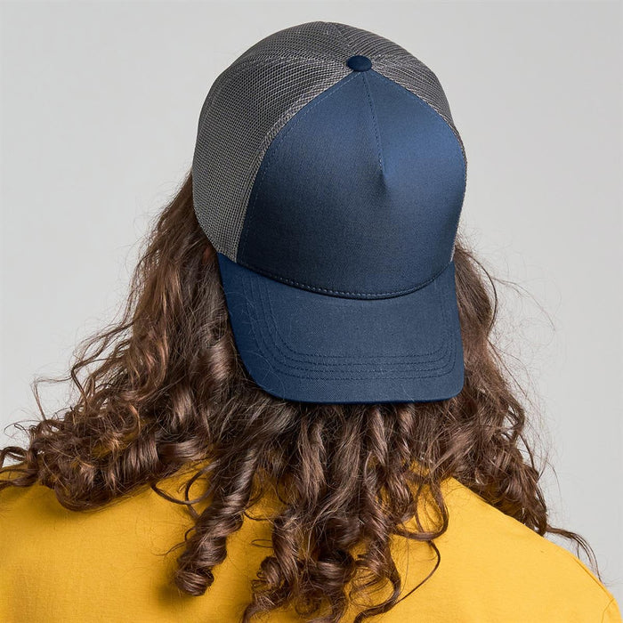 Rapper Cotton-S Organic/Recycled - A trucker cap in navy with a grey mesh back, displayed from the rear, featuring a logo.