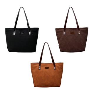 Suede Leather Tote Bag - Three suede leather tote bags in black, brown, and tan with long handles and a logo on each.