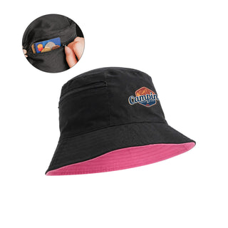 Bucket Hat with Card Pocket - A black bucket hat with a pink brim and a card pocket featuring a logo.
