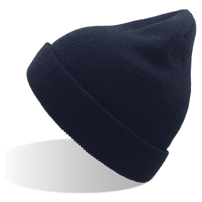 Kid Wind-S Beanie - Recycled Polyester - A navy blue beanie made from recycled polyester, featuring a cuffed design and a rounded top.