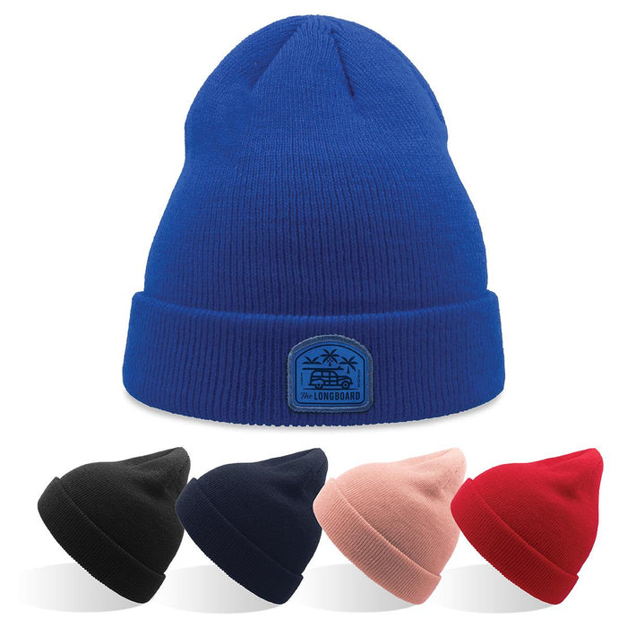 Kid Wind-S Beanie - Recycled Polyester - A collection of beanies in blue, black, navy, pink, and red, featuring a logo on the front of the blue beanie.