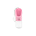 300ml Portable Pet Water Bottle - A portable pet water bottle in pink, featuring a transparent bottom and a button for dispensing water, with a wrist strap.