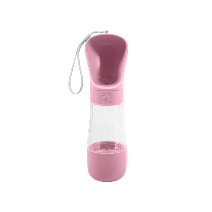 Pet Water Bottle with Food Container - A pink drink bottle with a built-in food container and a matching strap. It features a logo on the side.
