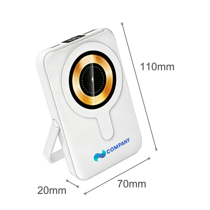 10000mAh Magnetic Wireless  Power Bank with Phone Stand - A white 10000mAh magnetic wireless power bank with a gold circular design and a built-in phone stand.