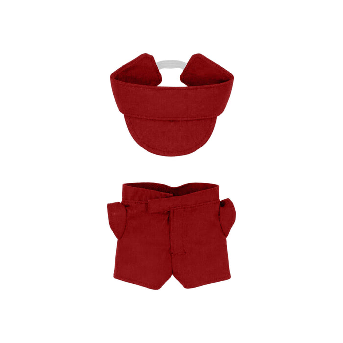 Plush Doll Racing Suit Set (10cm Doll) - A red plush racing suit set for a 10cm doll, featuring a cap and shorts. Includes a logo on the attire.