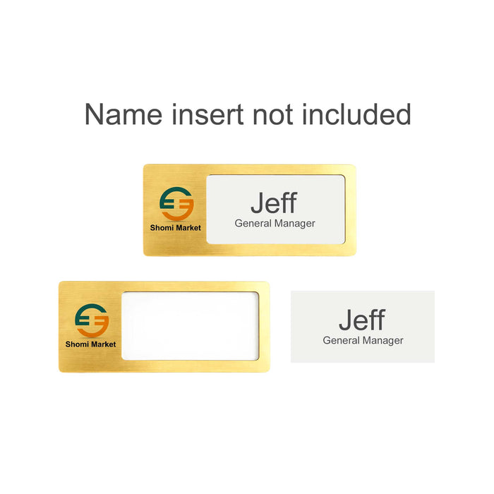 Reusable Metal Name Badge - A reusable metal name badge in gold, featuring a clear insert area and a logo.