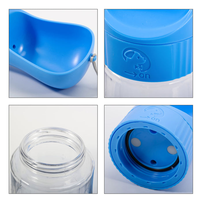Pet Water Bottle with Food Container - A blue pet water bottle with an attached food container, featuring a logo and a clear reservoir.