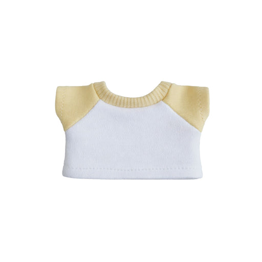 Plush Doll Raglan T-Shirt - A plush doll raglan T-shirt in white and yellow, featuring short sleeves and a ribbed neckline.