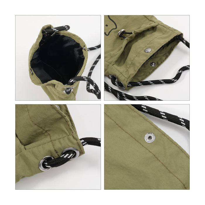 Lightweight Shoulder Phone Bag - An olive green lightweight shoulder phone bag with a drawstring closure and black straps. Features metal snaps.