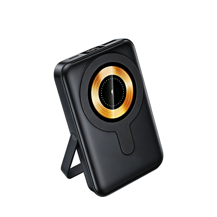 10000mAh Magnetic Wireless  Power Bank with Phone Stand - A black 10000mAh magnetic wireless power bank with a phone stand and a circular gold accent. It features a logo.