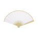 8inch Bamboo Fabric Hand Fan - An 8-inch bamboo fabric hand fan in white with a golden frame and spokes, featuring a logo.