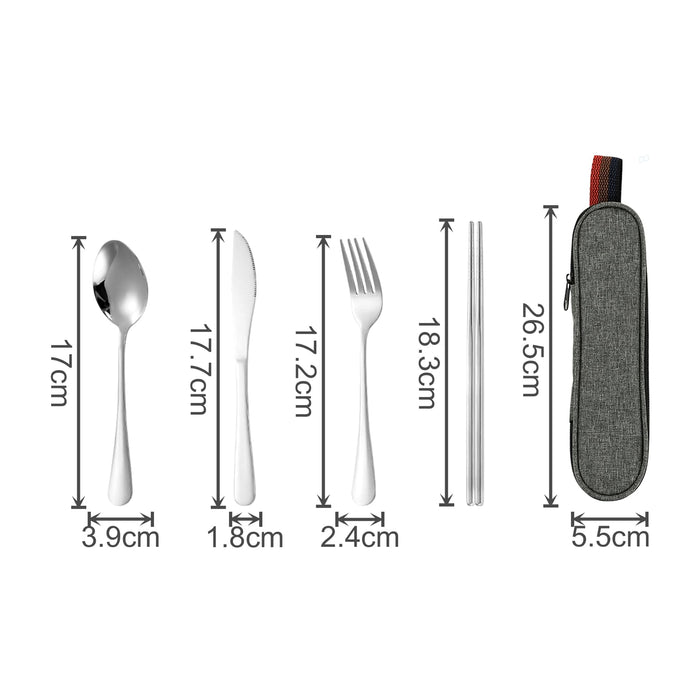 Travel Cutlery Set 4pcs - A grey travel cutlery set with a spoon, knife, fork, and chopsticks, all displayed alongside a carrying case.
