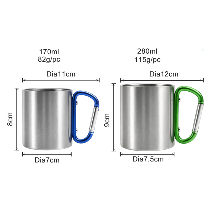 170ML/280ML Stainless Steel Insulated Travel Mug with Carabiner Handle - A stainless steel insulated travel mug in silver, featuring a blue carabiner handle, alongside a green-handled version.