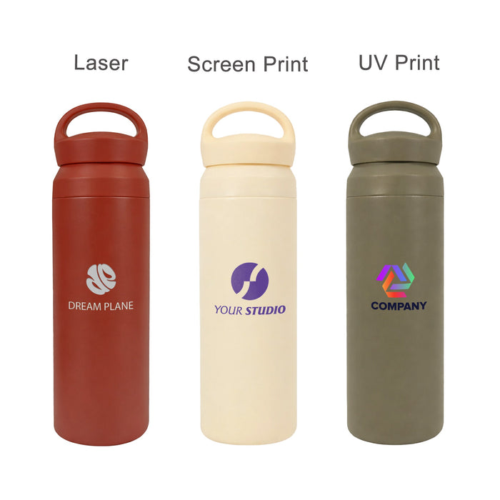 350ML/500ML Double Wall Stainless Steel Drink Bottle with Handle - A drink bottle trio in red, cream, and olive green, featuring handles and various branding options.