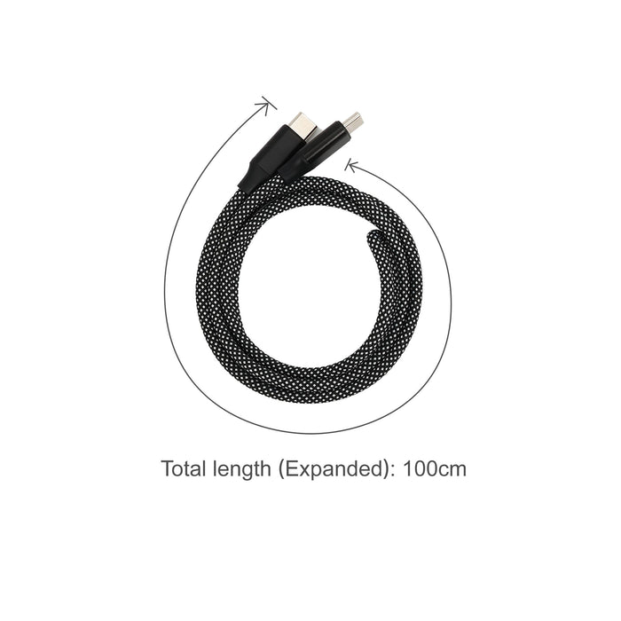 100W Magnetic Round Braided Charging Cable - A 100cm black braided charging cable with one USB connector and one magnetic connector, featuring a logo.
