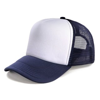 Polymesh Trucker Cap - A navy and white Polymesh Trucker Cap featuring a mesh back and a front panel for branding.