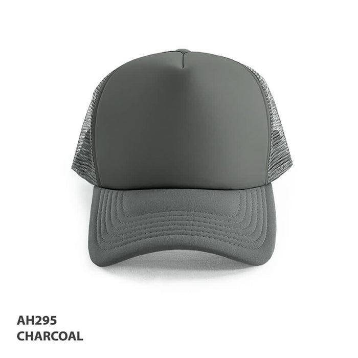 Polymesh Trucker Cap - A charcoal Polymesh Trucker Cap with a solid front and mesh back, featuring a logo.