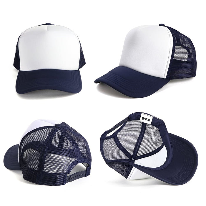 Polymesh Trucker Cap - A navy and white Polymesh Trucker Cap featuring mesh panels and a logo on the back.