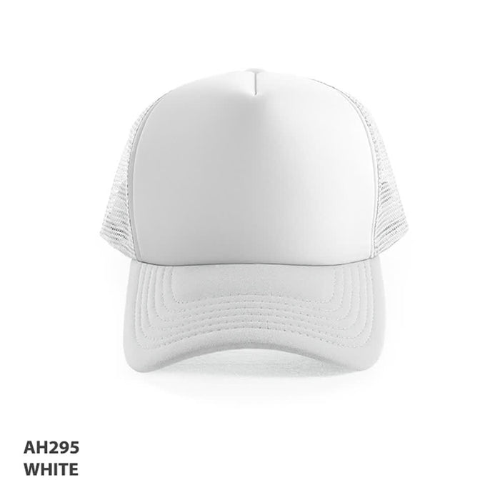 Polymesh Trucker Cap - A white Polymesh trucker cap featuring a solid front and mesh sides, including a logo on the front.