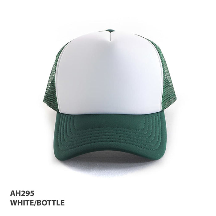 Polymesh Trucker Cap - A green and white Polymesh Trucker Cap featuring a solid front panel and mesh sides, with a logo present.