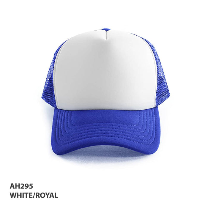 Polymesh Trucker Cap - A white and royal blue Polymesh Trucker Cap with a solid front panel and mesh sides.