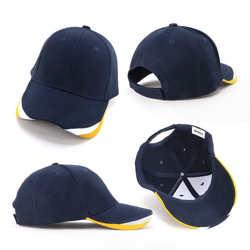 Bondi 3 Tone Peak Design Cap - A cap featuring a navy blue design with yellow and white accents, showcasing different angles and an internal view.