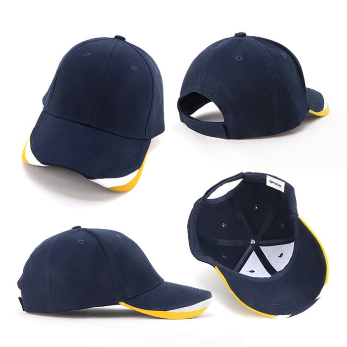 Bondi 3 Tone Peak Design Cap - A cap featuring a navy blue design with yellow and white accents, showcasing different angles and an internal view.