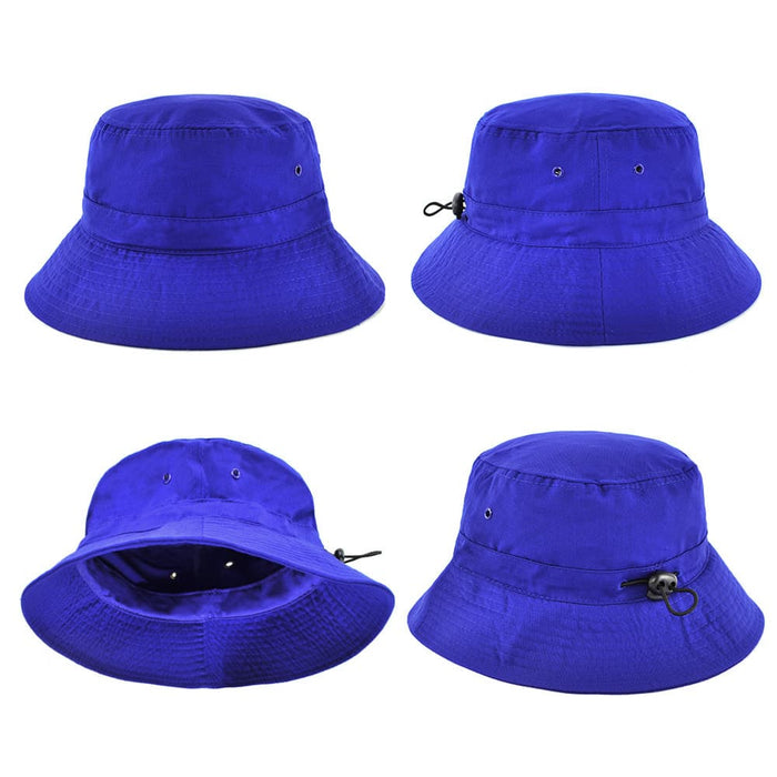 Polyviscose School Bckt - A vibrant blue polyviscose bucket hat featuring multiple angles and a drawstring for adjustment, with a logo present.