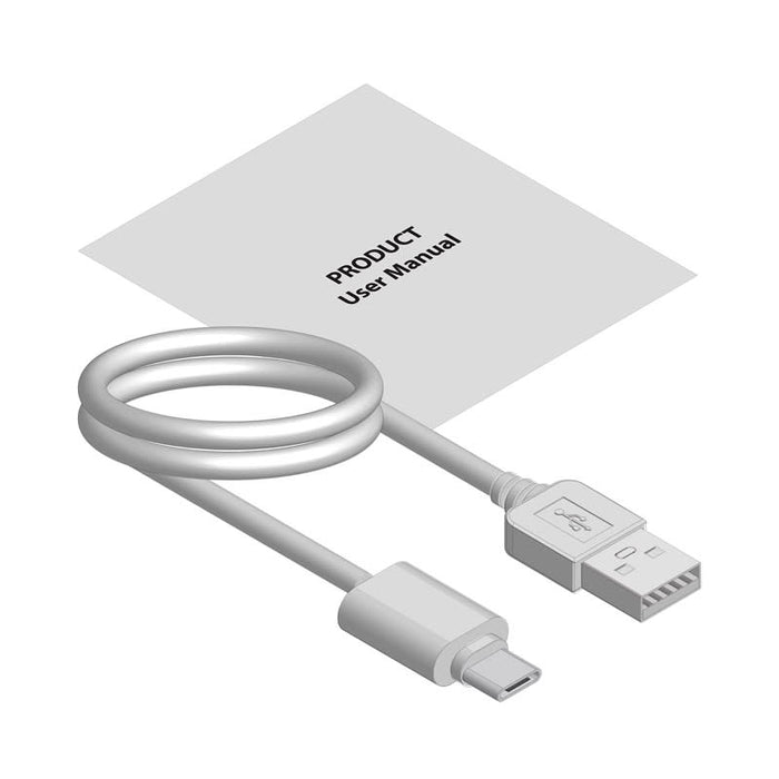Morgan Bluetooth Speaker - A white charging cable with a USB and micro USB end, accompanied by a user manual.