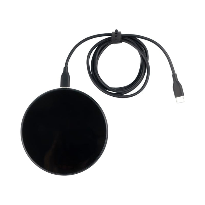 Casper Pro 15 Watt Eco Wireless Charger - A black circular wireless charger with a cable, designed for charging devices.