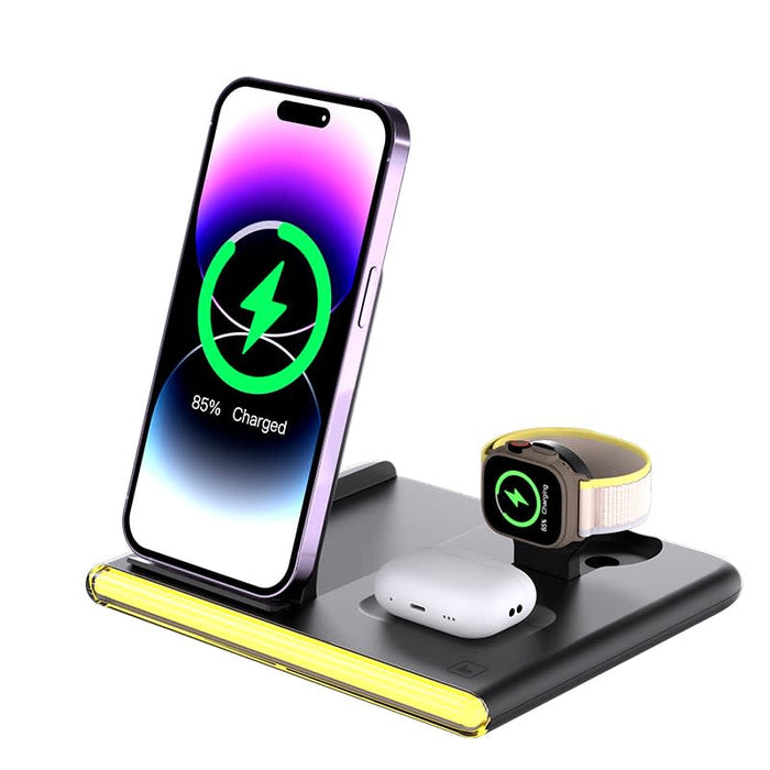 Haines 15W 3n1 Magnetic Wireless Charger & USB Adaptor - A black wireless charger with a phone, AirPods, and a smartwatch, featuring charging indicators and a logo.