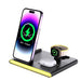 Haines 15W 3n1 Magnetic Wireless Charger & USB Adaptor - A black wireless charger with a phone, AirPods, and a smartwatch, featuring charging indicators and a logo.