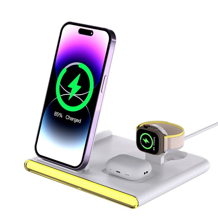 Haines 15W 3n1 Magnetic Wireless Charger & USB Adaptor - A wireless charger in white, featuring a phone, earbuds, and a smartwatch, with a logo present.