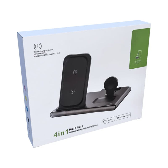 Haines 15W 3n1 Magnetic Wireless Charger & USB Adaptor - A wireless charging station featuring a sleek black design, with three charging areas and a logo on the packaging.
