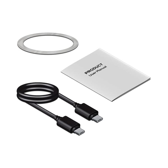 Pacific Magnetic Bluetooth Speaker Stand with RGB LED Light (Stock) - A power bank with a metallic ring, a user manual, and a black USB-C charging cable.
