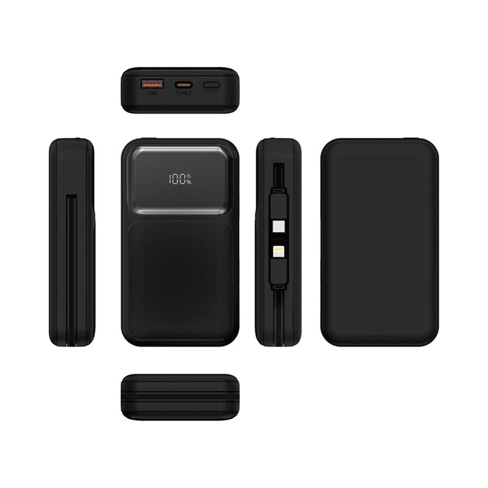 Brunswick PD 22.5W Retractable Cable Power Bank - 10000 mAh (Stock) - A black power bank featuring a retractable cable and digital display, showcasing multiple angles of the product.