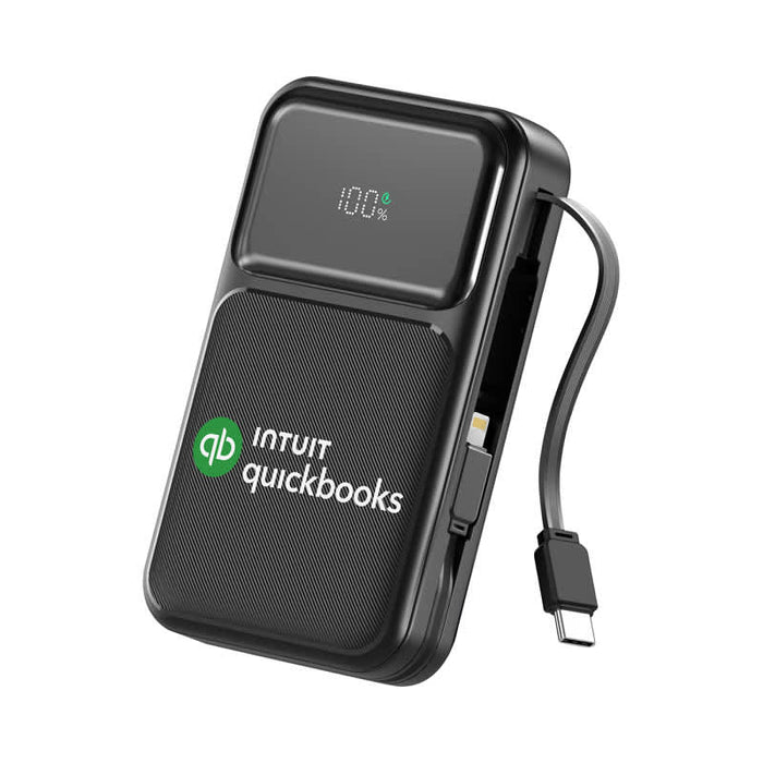 Brunswick PD 22.5W Retractable Cable Power Bank - 10000 mAh (Stock) - A black retractable cable power bank with a digital display and branding, featuring a 10000 mAh capacity.