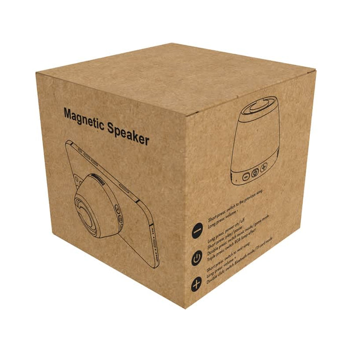 Pacific Magnetic Bluetooth Speaker Stand with RGB LED Light (Stock) - A cardboard box containing a magnetic Bluetooth speaker with a simple design and an accompanying branding logo.