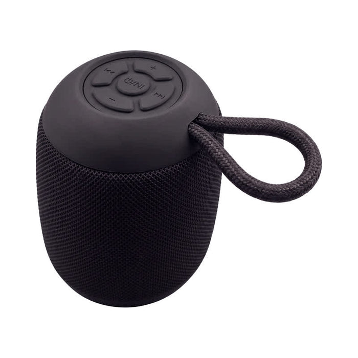 Morgan Bluetooth Speaker - A black Bluetooth speaker with a textured finish and a handle, featuring control buttons on top.