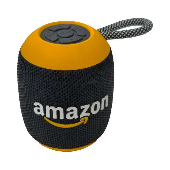 Morgan Bluetooth Speaker - A round Bluetooth speaker in black and orange with a grey strap and a logo on the front.