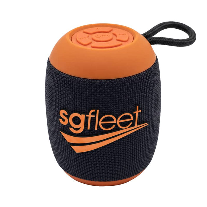 Morgan Bluetooth Speaker - A Bluetooth speaker with a navy blue fabric exterior and orange accents, featuring a logo and control buttons on top.